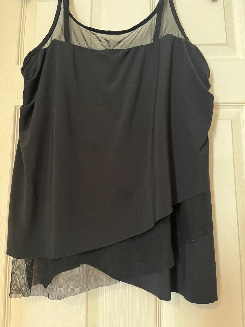 Miraclesuit Black Asymmetrical Layered Mesh-Trim tankini top.